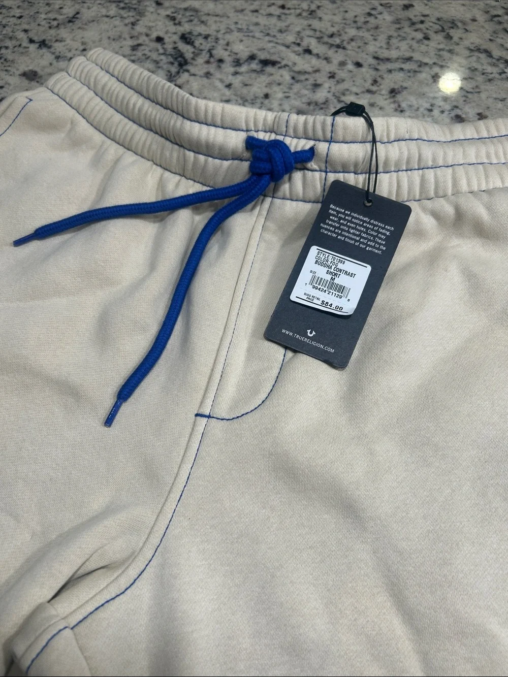 True Religion Cream Shorts with Blue Drawstring and Trim